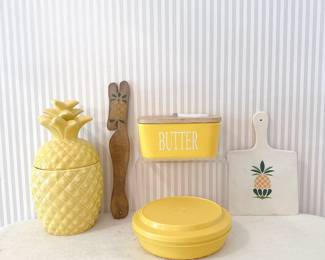 Vintage Yellow Tupperware Seal-N-Serve Container w Lid - Yellow Ceramic Butter Dish - Pineapple Cutting Board - Pineapple Container Jar - Wooden Oven Rack Puller Pineapple