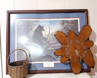 vintage live-edge wall clock - wicker basket -