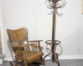 Antique Quartersawn Oak Rocking Chair & Thonet-Style Bentwood Coat Rack