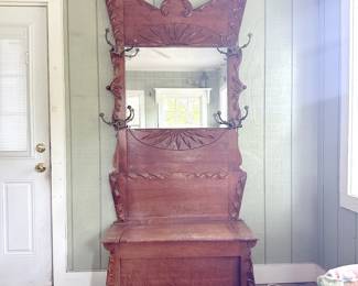 Antique American Victorian-Era Hall Tree Bench. This item is available for purchase pre-sale. It can be purchased on our website using this link: https://www.pureandsimplecarolinas.com/shop/cherryville