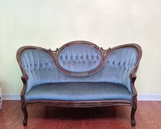 Victorian Mahogany Carved Shield & Fruit Medallion Back Sofa Settee. This item is available for purchase pre-sale. It can be purchased on our website using this link: https://www.pureandsimplecarolinas.com/shop/cherryville