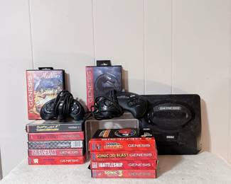 Sega genesis Mini Console, two controllers, and games