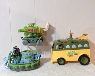 1989 TMNT Party Wagon - 1992 Playmates TMNT Mutant Military Lieutenant Leos Bodacious Buggy - 1989 Playmates TMNT Pizza Thrower Vehicle
