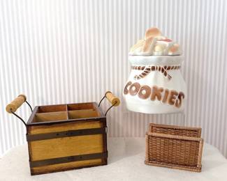Vintage American Bisque Sack of Cookies Cookie Jar - Rustic Wood & Iron Silverware Caddy - Wicker Woven Holder 