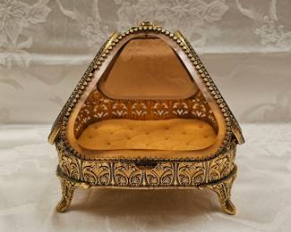 Rare Pyramid Shaped Jewelry Box W/ Colored Beveled Glass
