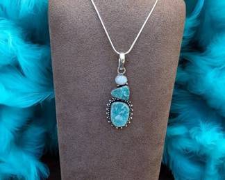 Rainbow Moonstone With Blue Quartz Druzy Pendant Necklace