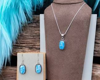 Blue Mosaic Jasper Pendant Necklace With Matching Earrings