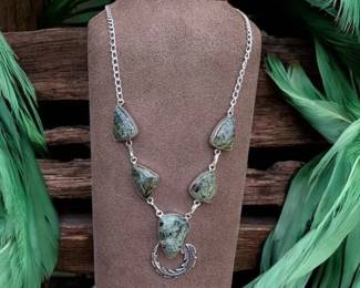 Moss Prehnite Feather Pendant Necklace