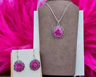 Pink Solar Quartz Geode Slice Pendant Necklace Matching Earrings
