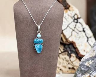 Long Larimar Blue Druzy Quartz Pendant Necklace