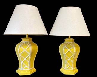 Pair of vintage ceramic faux bamboo lamps
