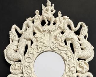 Vintage white painted Thai themed ornate mirror