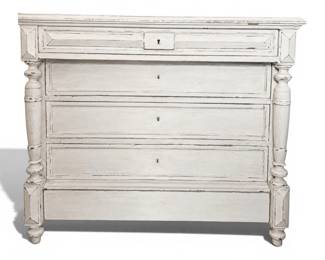 White painted French antique chest of drawers with hidden bottom drawer