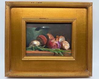 "Ceps, Onions, and Chives" framed oil on board by Julian Merrow Smith (British, dated 2022)