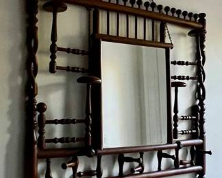 Fabulous antique Aesthetic mixed wood hat and coat rack with mirror