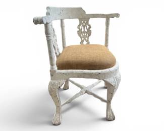 Highly decorative white painted burlap covered Chippendale style corner chair