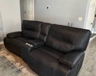 Black Leather Power Reclining Sofa with Center Console