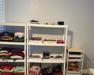 Assorted Women's Clothing, Jewelry, and Plastic Shelving Collection