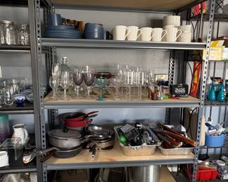 Assorted Kitchenware, Glassware, and Metal Shelving Unit Collection