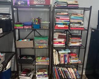 Assorted Books, Storage Bins, and Metal Shelving Units