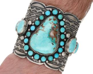 HUGE Tillie John Navajo Sterling Mixed Turquoise Cuff Bracelet