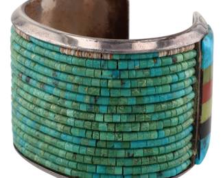 Amazing Signed Santo Domingo Sterling Multi-Stone Inlay Heishi Cuff Bracelet