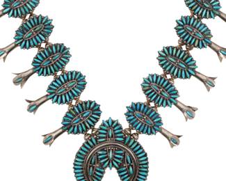 F.M. Begay Navajo Sterling Turquoise Cluster Squash Blossom Necklace