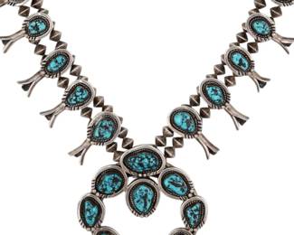Vintage Navajo Sterling Turquoise Squash Blossom Necklace