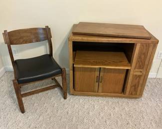 Oak TV Stand, Storage, And Chair