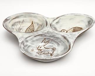 Lot 443: Hand-Painted Redware Three-Section Divided Dish