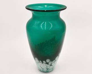 Lot 98: Hand-Blown Green Art Glass Vase with White Mottling