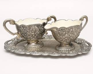 Lot 432: Repoussé Floral Silverplate Cream & Sugar Set with Tray