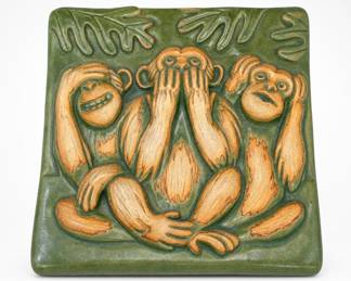 Lot 291: Gretchen Kramp Three Wise Monkeys Ceramic Art Tile