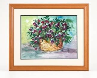 Lot 168: Original Watercolor Basket of Fuchsias by Nancy Ortiz