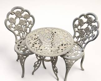 Lot 188: 3-Piece Rose Pattern Cast Metal Bistro Set