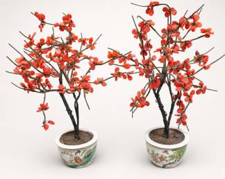 Lot 447: Pair of Chinese Glass Bonsai Trees in Famille Rose Pots
