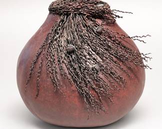 Lot 288: Kendra Waddle Gourd Art Vessel with Woven Rim & Fringe
