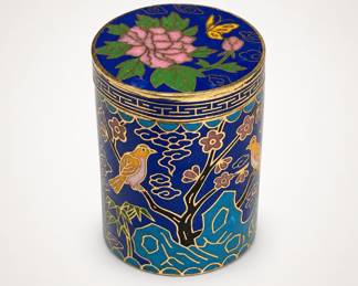 Lot 406: Chinese Cloisonné Lidded Box with Birds & Peony