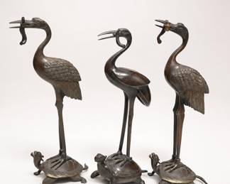 Lot 435: 3 Japanese Bronze Crane & Minogame Candlesticks