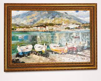 Lot 50: Mediterranean Harbor Oil Painting with Fishing Boats
