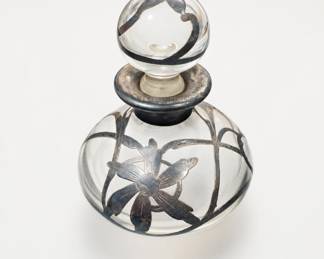 Lot 986: Art Nouveau Silver Overlay Glass Perfume Bottle