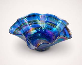 Lot 111: Iridescent Blue Art Glass Bowl with Ruffled Rim