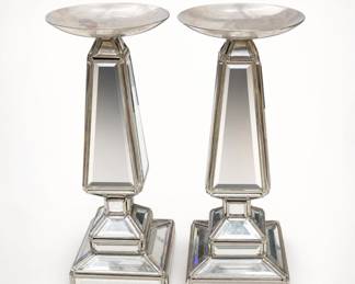Lot 434: Pair of Mirrored Beveled Glass Pillar Candle Holders