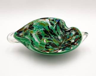Lot 151: Murano-Style Green Spatter Glass Bowl with Aventurine