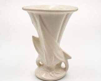 Lot 118: Matte Ivory Art Pottery Trumpet Vase with Molded Leaf