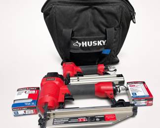 Lot 243: 2 Husky Air Nailers with Porter-Cable Finish Nails & Bag