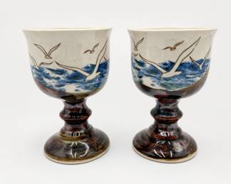 Lot 80: Pair of Otagiri-Style Seagull Stoneware Goblets