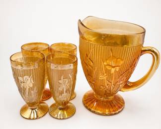 Lot 144: Iris & Herringbone Iridescent Pitcher & 4 Footed Tumblers