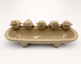 Lot 140: Crackle Glaze Ceramic Dish with 5 Perched Birds