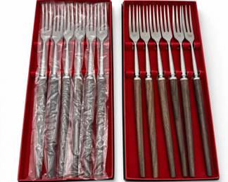 Lot 153: 12 Stainless Steel Forks with Wood Handles, 2 Boxed Sets